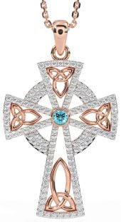 Diamond Aquamarine Rose Gold Silver Celtic Cross Trinity Knot Necklace