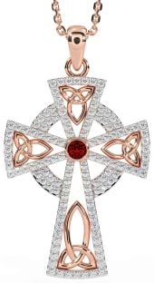 Diamond Garnet Rose Gold Silver Celtic Cross Trinity Knot Necklace