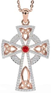 Diamond Ruby Rose Gold Silver Celtic Cross Trinity Knot Necklace