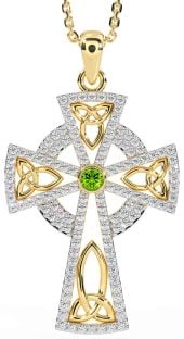 Diamond Peridot Gold Silver Celtic Cross Trinity Knot Necklace