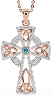 Diamond Aquamarine Rose Gold Celtic Cross Trinity Knot Necklace