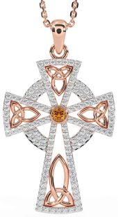 Diamond Citrine Rose Gold Celtic Cross Trinity Knot Necklace