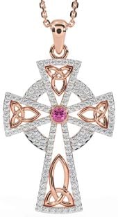 Diamond Pink Tourmaline Rose Gold Celtic Cross Trinity Knot Necklace