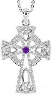 Diamond Amethyst Silver Celtic Cross Trinity Knot Necklace