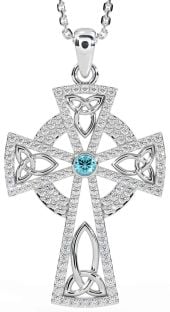 Diamond Aquamarine Silver Celtic Cross Trinity Knot Necklace