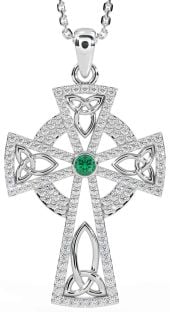 Diamond Emerald Silver Celtic Cross Trinity Knot Necklace