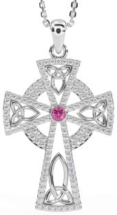 Diamond Pink Tourmaline Silver Celtic Cross Trinity Knot Necklace