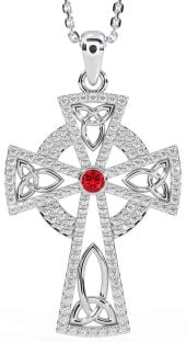 Diamond Ruby Silver Celtic Cross Trinity Knot Necklace