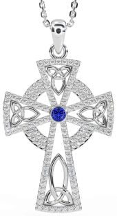 Diamond Sapphire Silver Celtic Cross Trinity Knot Necklace