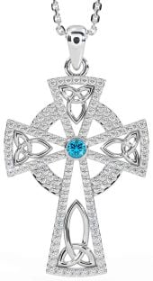 Diamond Topaz Silver Celtic Cross Trinity Knot Necklace