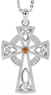 Diamond Citrine White Gold Celtic Cross Trinity Knot Necklace