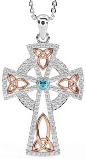 Diamond Aquamarine White Rose Gold Celtic Cross Trinity Knot Necklace