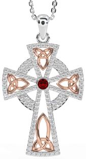 Diamond Garnet White Rose Gold Celtic Cross Trinity Knot Necklace