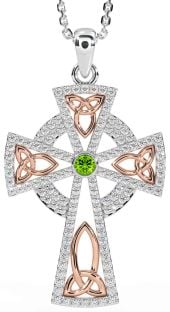 Diamond Peridot White Rose Gold Celtic Cross Trinity Knot Necklace