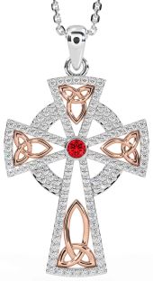 Diamond Ruby White Rose Gold Celtic Cross Trinity Knot Necklace