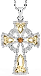 Diamond Citrine White Yellow Gold Celtic Cross Trinity Knot Necklace