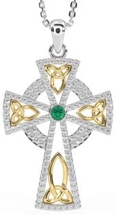 Diamond Emerald White Yellow Gold Celtic Cross Trinity Knot Necklace