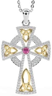 Diamond Pink Tourmaline White Yellow Gold Celtic Cross Trinity Knot Necklace