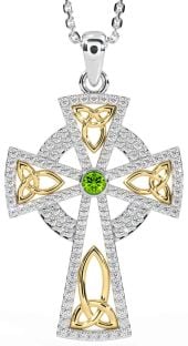 Diamond Peridot White Yellow Gold Celtic Cross Trinity Knot Necklace