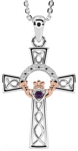Diamond Alexandrite Rose Gold Silver Claddagh Celtic Cross Necklace