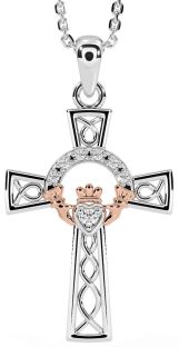 Diamond Rose Gold Silver Claddagh Celtic Cross Necklace