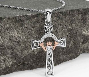 Diamond Rose Gold Silver Claddagh Celtic Cross Necklace