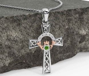Diamond Peridot Rose Gold Silver Claddagh Celtic Cross Necklace