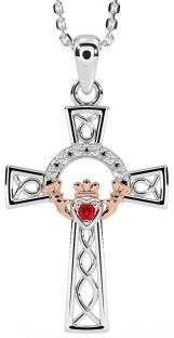 Diamond Ruby Rose Gold Silver Claddagh Celtic Cross Necklace