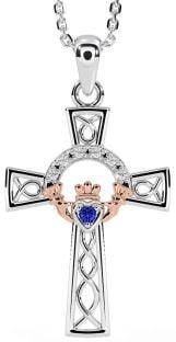 Diamond Sapphire Rose Gold Silver Claddagh Celtic Cross Necklace