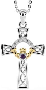 Diamond Alexandrite Gold Silver Claddagh Celtic Cross Necklace