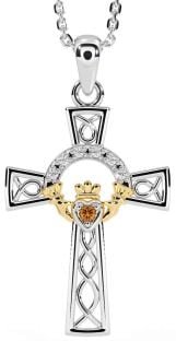 Diamond Citrine Gold Silver Claddagh Celtic Cross Necklace