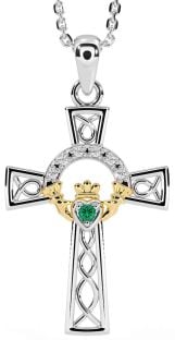 Diamond Emerald Gold Silver Claddagh Celtic Cross Necklace