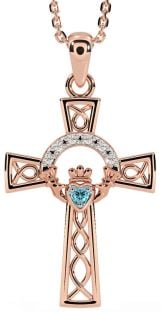 Diamond Aquamarine Rose Gold Silver Claddagh Celtic Cross Necklace