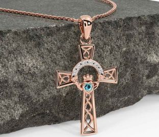 Diamond Aquamarine Rose Gold Silver Claddagh Celtic Cross Necklace