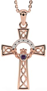 Diamond Alexandrite Rose Gold Silver Claddagh Celtic Cross Necklace