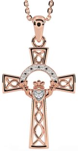 Diamond Rose Gold Silver Claddagh Celtic Cross Necklace
