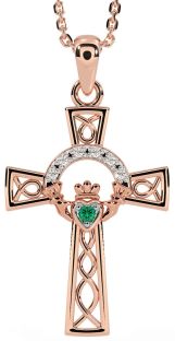 Diamond Emerald Rose Gold Silver Claddagh Celtic Cross Necklace