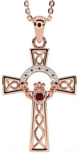 Diamond Garnet Rose Gold Silver Claddagh Celtic Cross Necklace