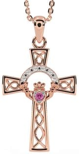 Diamond Pink Tourmaline Rose Gold Silver Claddagh Celtic Cross Necklace