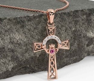 Diamond Pink Tourmaline Rose Gold Silver Claddagh Celtic Cross Necklace