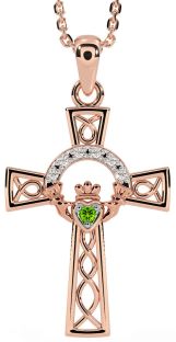 Diamond Peridot Rose Gold Silver Claddagh Celtic Cross Necklace