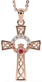 Diamond Ruby Rose Gold Silver Claddagh Celtic Cross Necklace