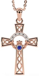 Diamond Sapphire Rose Gold Silver Claddagh Celtic Cross Necklace