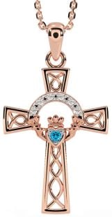 Diamond Topaz Rose Gold Silver Claddagh Celtic Cross Necklace