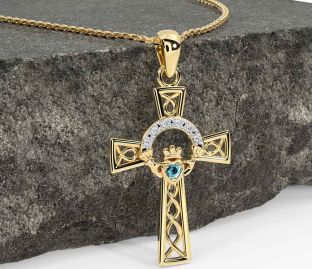 Diamond Aquamarine Gold Silver Claddagh Celtic Cross Necklace