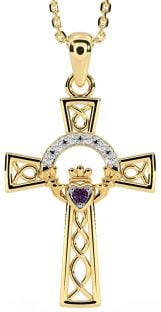 Diamond Alexandrite Gold Silver Claddagh Celtic Cross Necklace