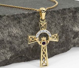 Diamond Alexandrite Gold Silver Claddagh Celtic Cross Necklace