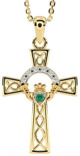 Diamond Emerald Gold Silver Claddagh Celtic Cross Necklace