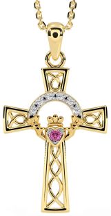 Diamond Pink Tourmaline Gold Silver Claddagh Celtic Cross Necklace