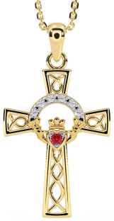 Diamond Ruby Gold Silver Claddagh Celtic Cross Necklace